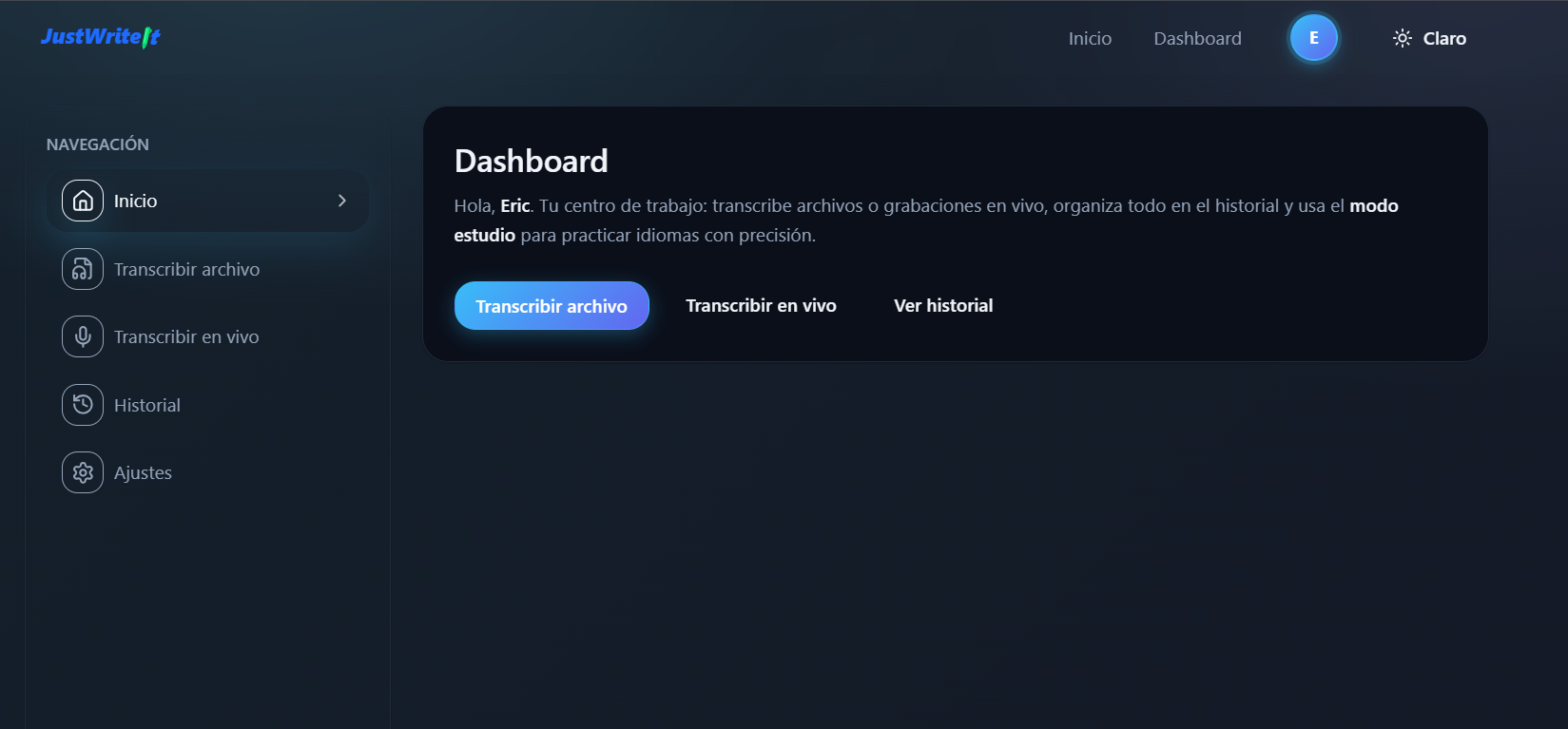 Dashboard en modo oscuro