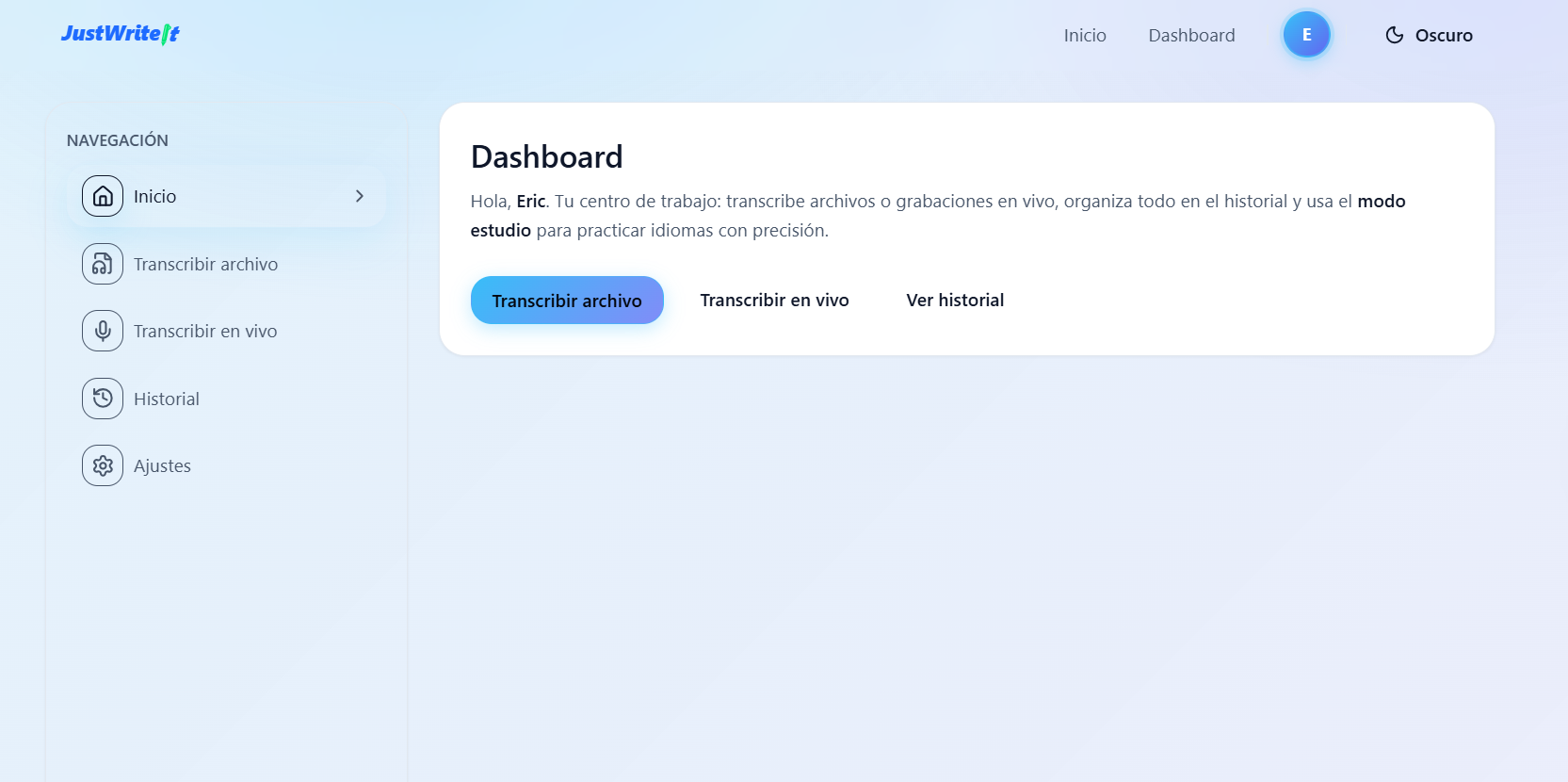 Dashboard en modo claro